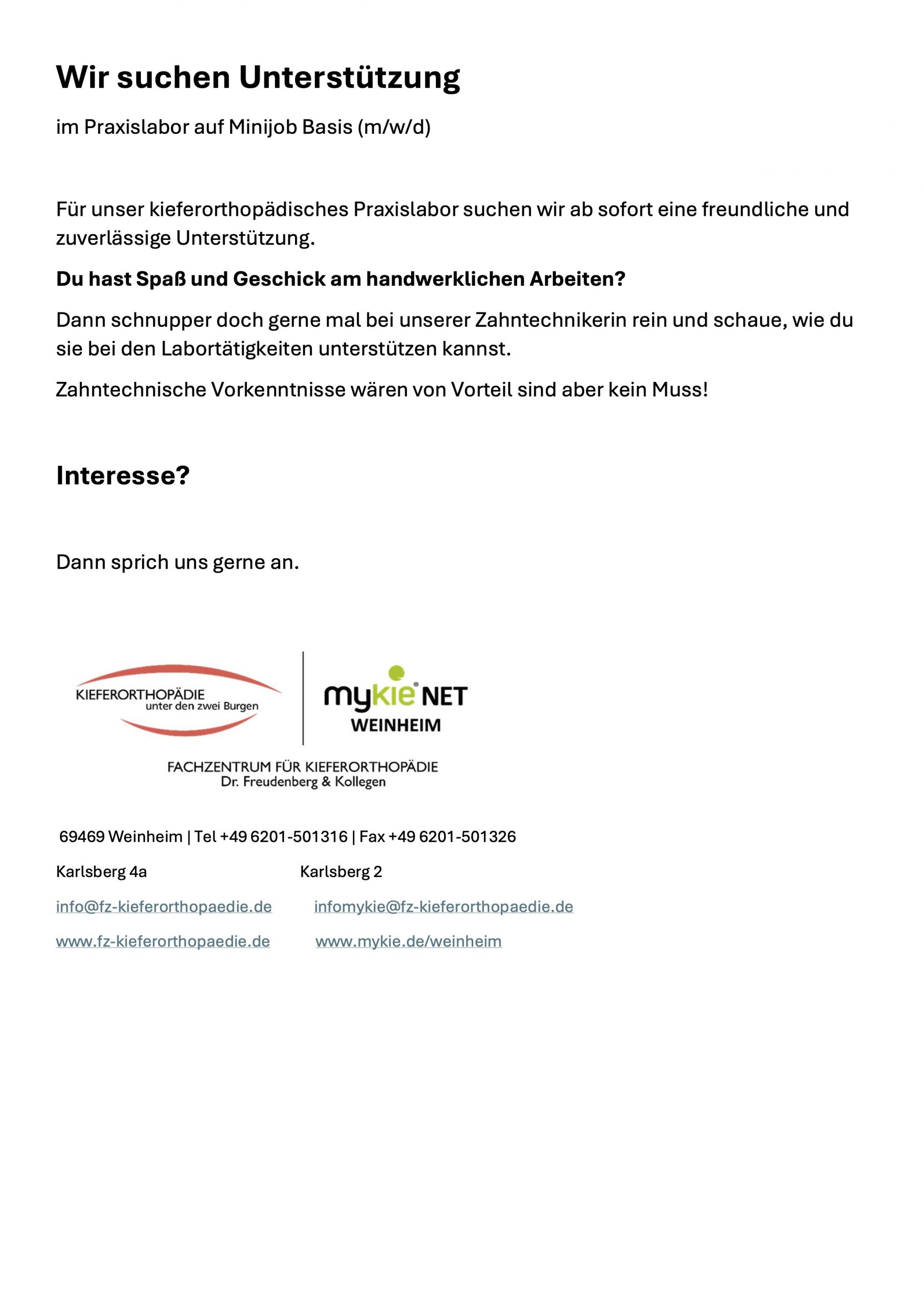 Minijob im kieferorthopädischen Praxislabor bei FZ-Kieferorthopädie in Weinheim